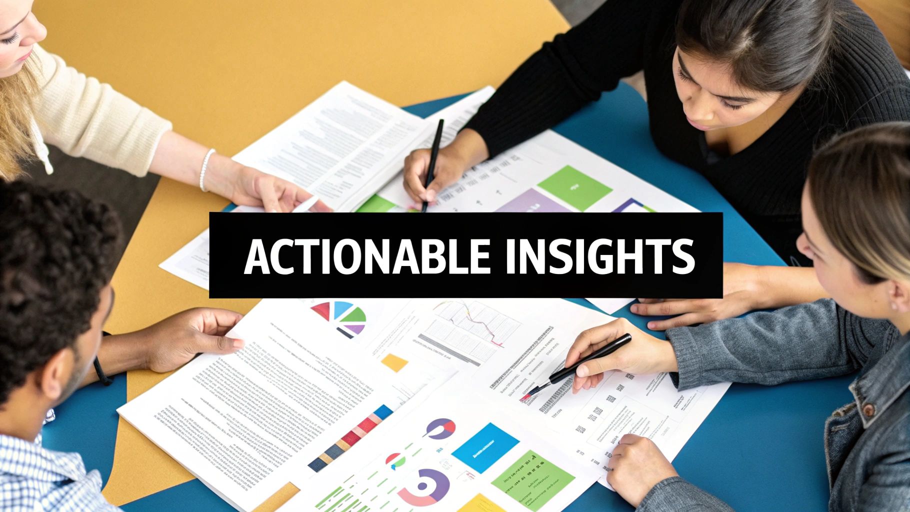 A person pointing at a screen with charts and graphs, indicating actionable decisions.