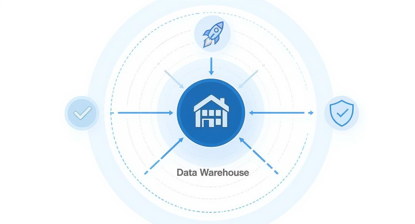 Conceptual diagram showing a central data warehouse connected to icons representing speed, validation, and security.