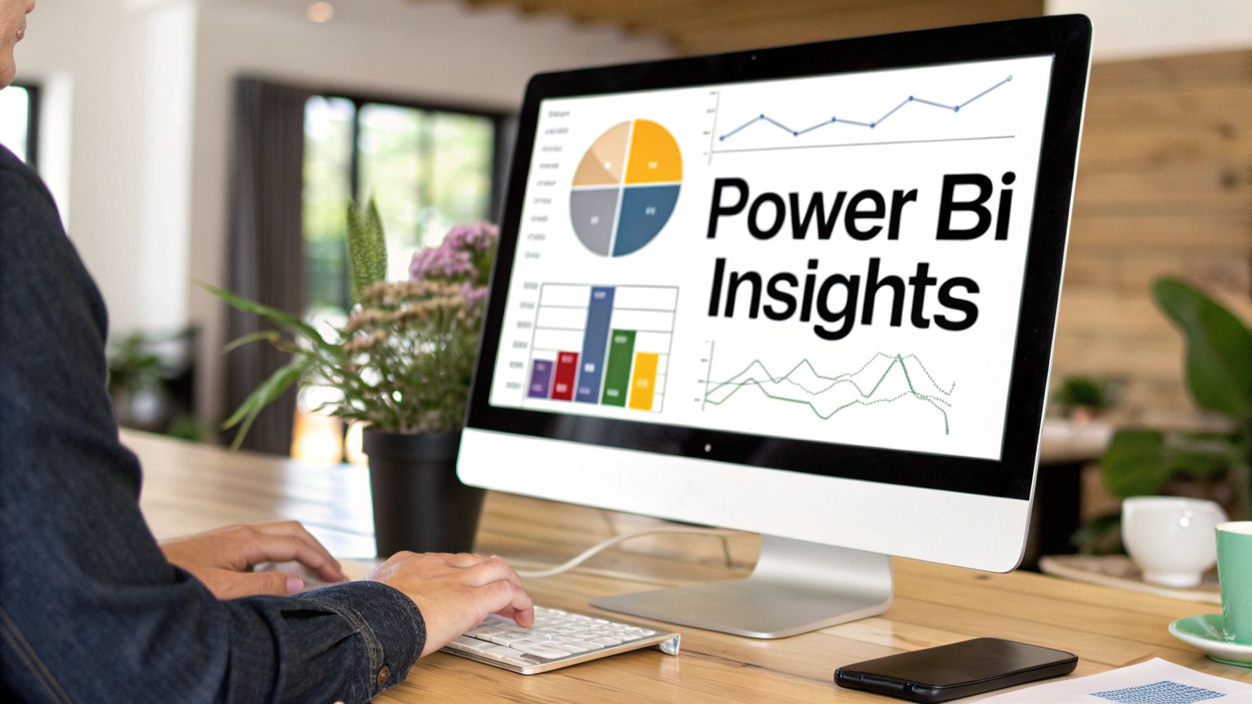 Professional analyzing Power BI Insights dashboard with charts and graphs on desktop computer