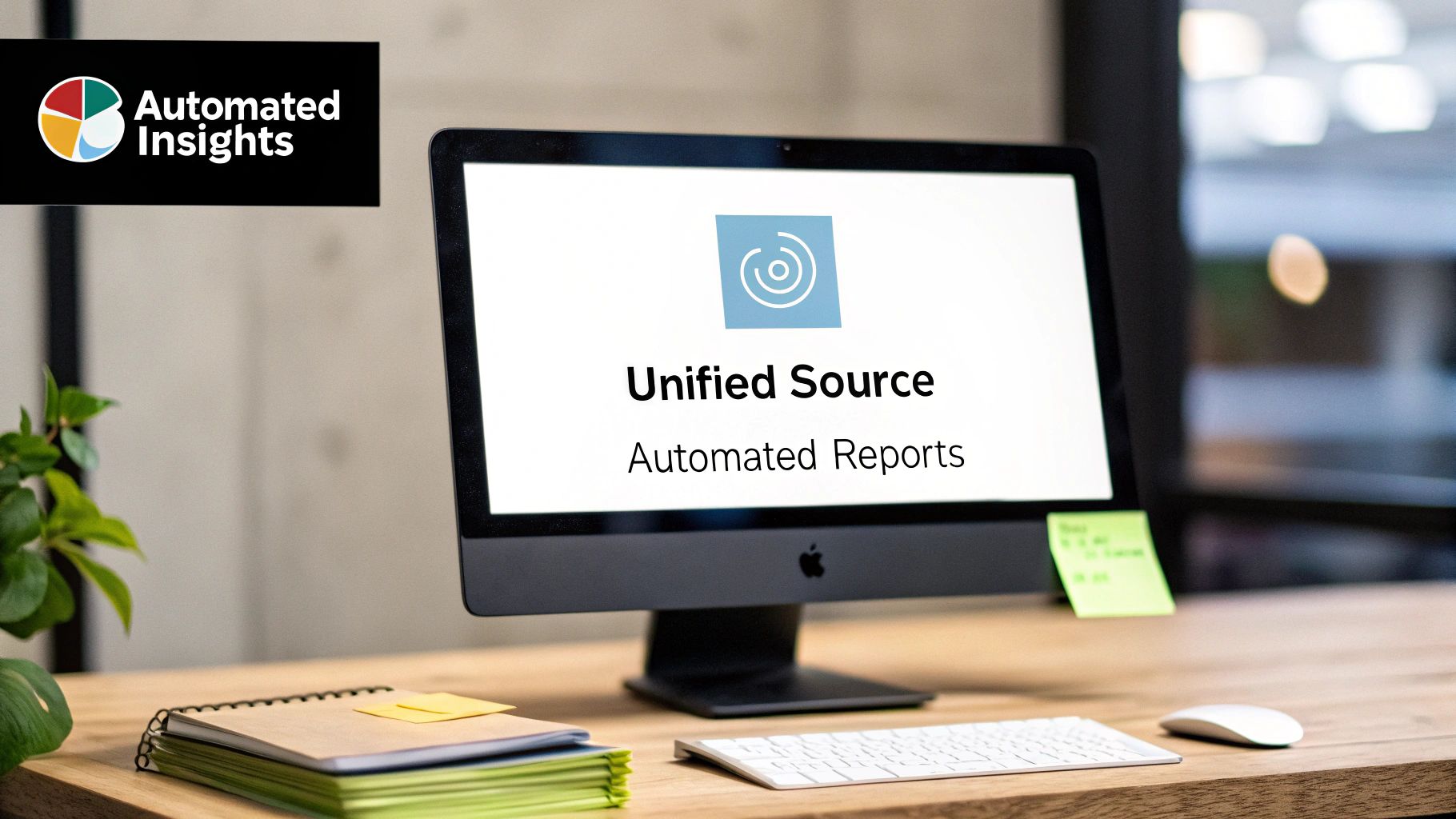 Modern office desk with a computer showing 'Unified Source Automated Reports' and 'Automated Insights' logo.