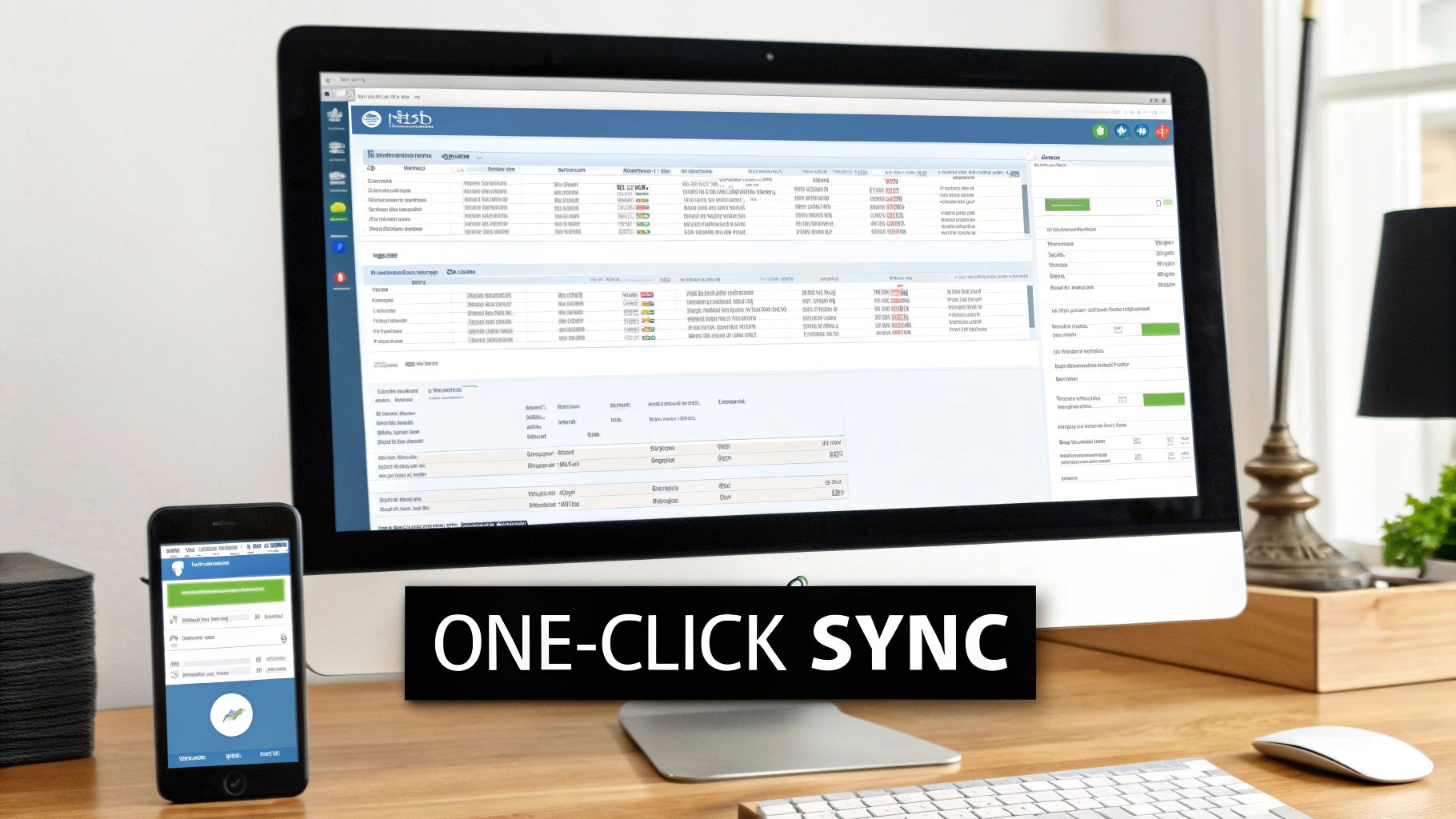 A desktop computer and smartphone display data management software with 'ONE-CLICK SYNC' text, showcasing cross-device functionality.