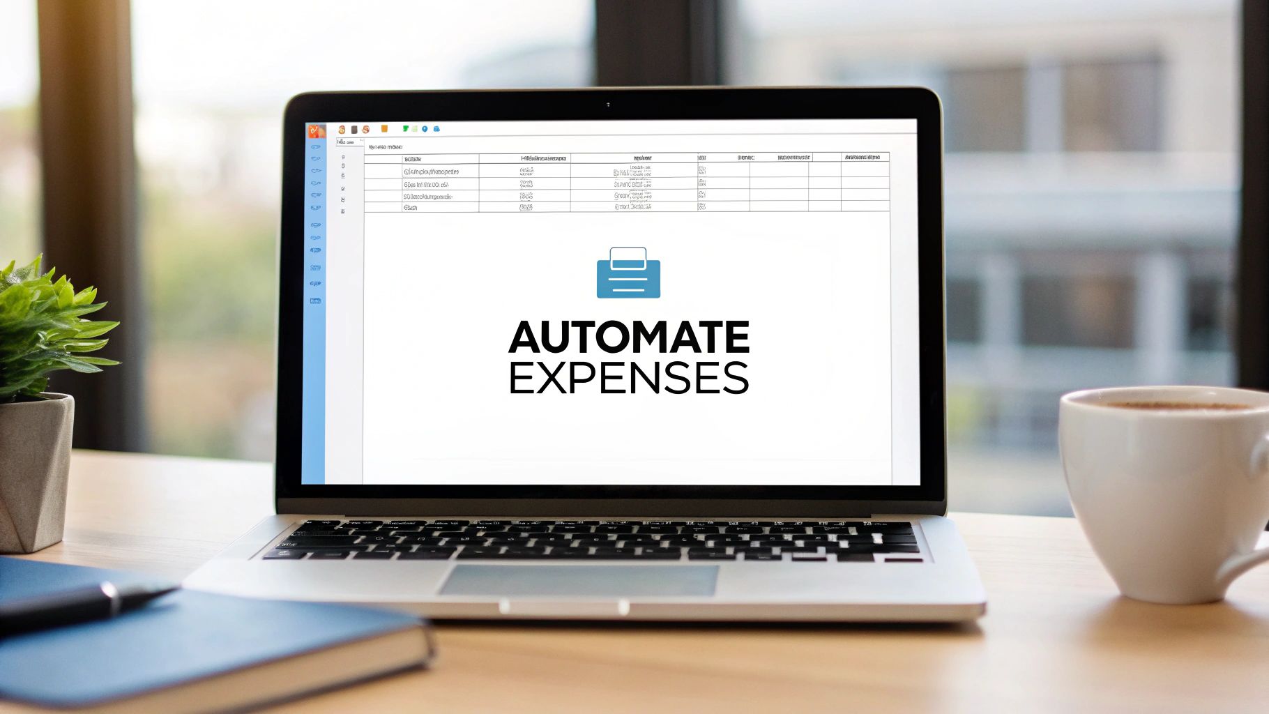 Laptop screen displaying expense management software with 'AUTOMATE EXPENSES' text, on a desk with coffee and a plant.