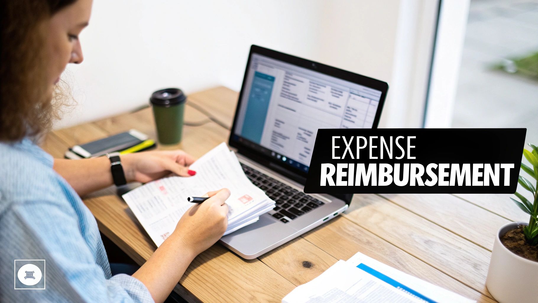A person reviews financial documents with a pen at a wooden desk, next to a laptop displaying data and a coffee cup, with text 'EXPENSE REIMBURSEMENT'.