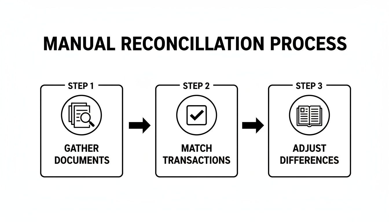 A three-step manual reconciliation process diagram showing gathering documents, matching transactions, and adjusting differences.