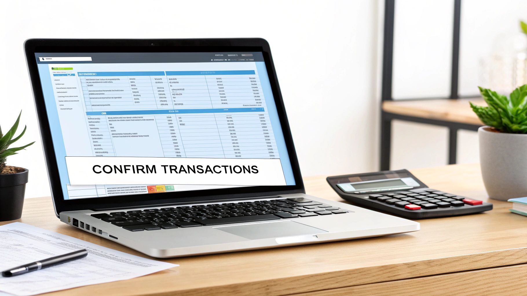 A laptop on a wooden desk displays 'CONFIRM TRANSACTIONS' on a financial spreadsheet, with a calculator and pen nearby.