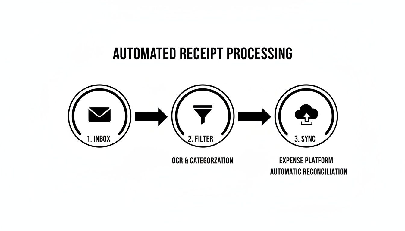 Flowchart illustrating automated receipt processing: inbox, filter (OCR & categorization), and sync to expense platform.