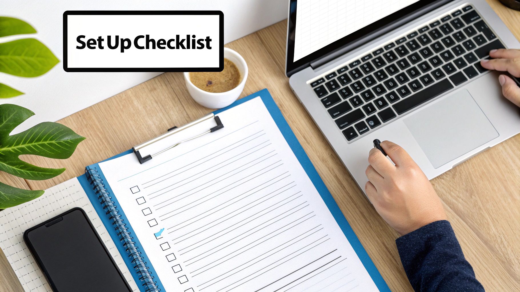 Person checking a setup checklist on a clipboard with a laptop, coffee, and phone on a desk.