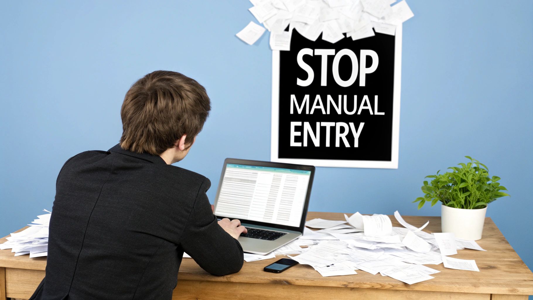 Person at a desk covered in receipts, manually entering data into a laptop, with a 'STOP MANUAL ENTRY' sign.
