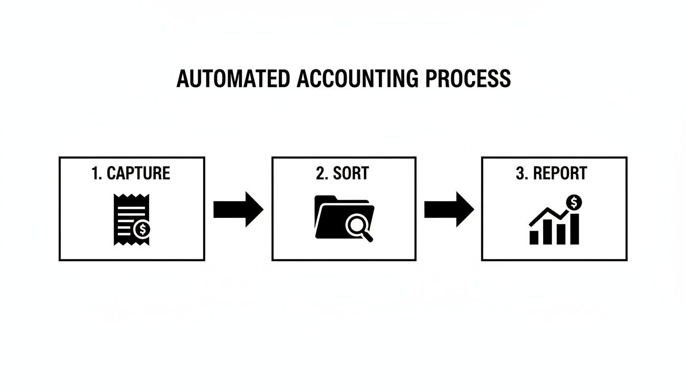 A three-step diagram illustrating an automated accounting process: capture, sort, and report.