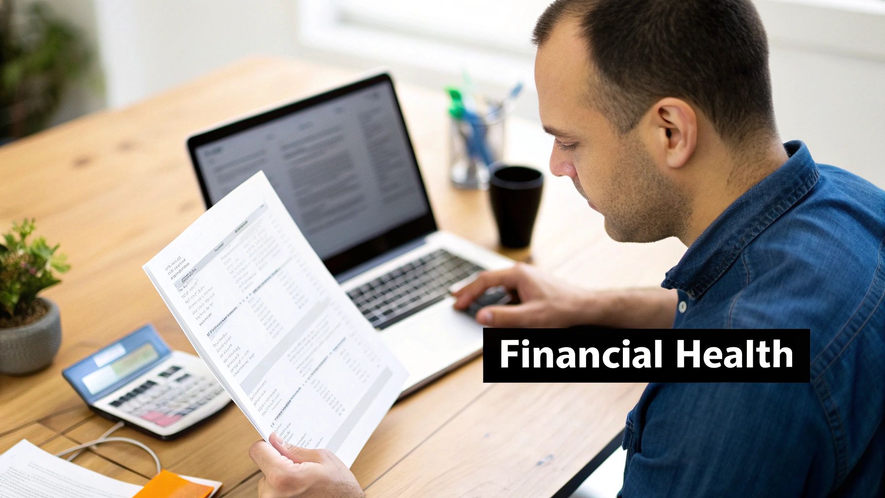 A man reviews financial documents and uses a laptop with a calculator, focusing on financial health.