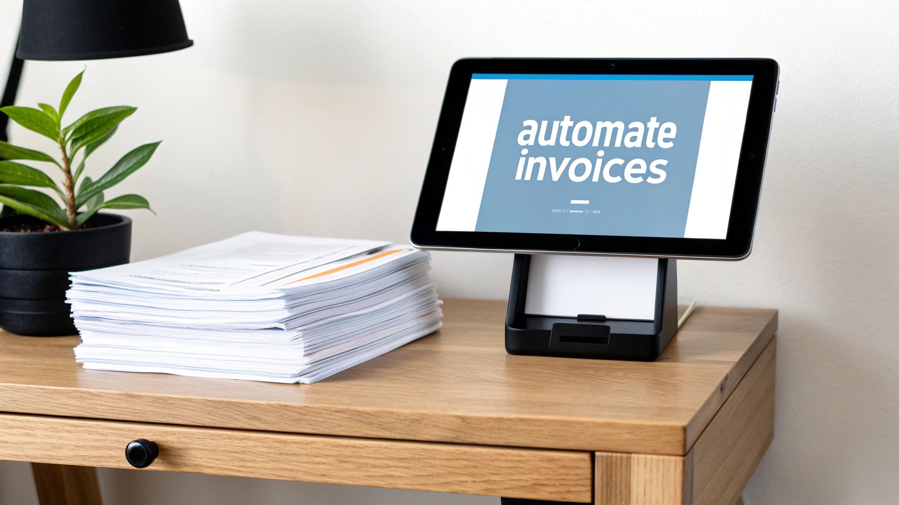 A desk with a large stack of papers next to a tablet showing 'automate invoices'.