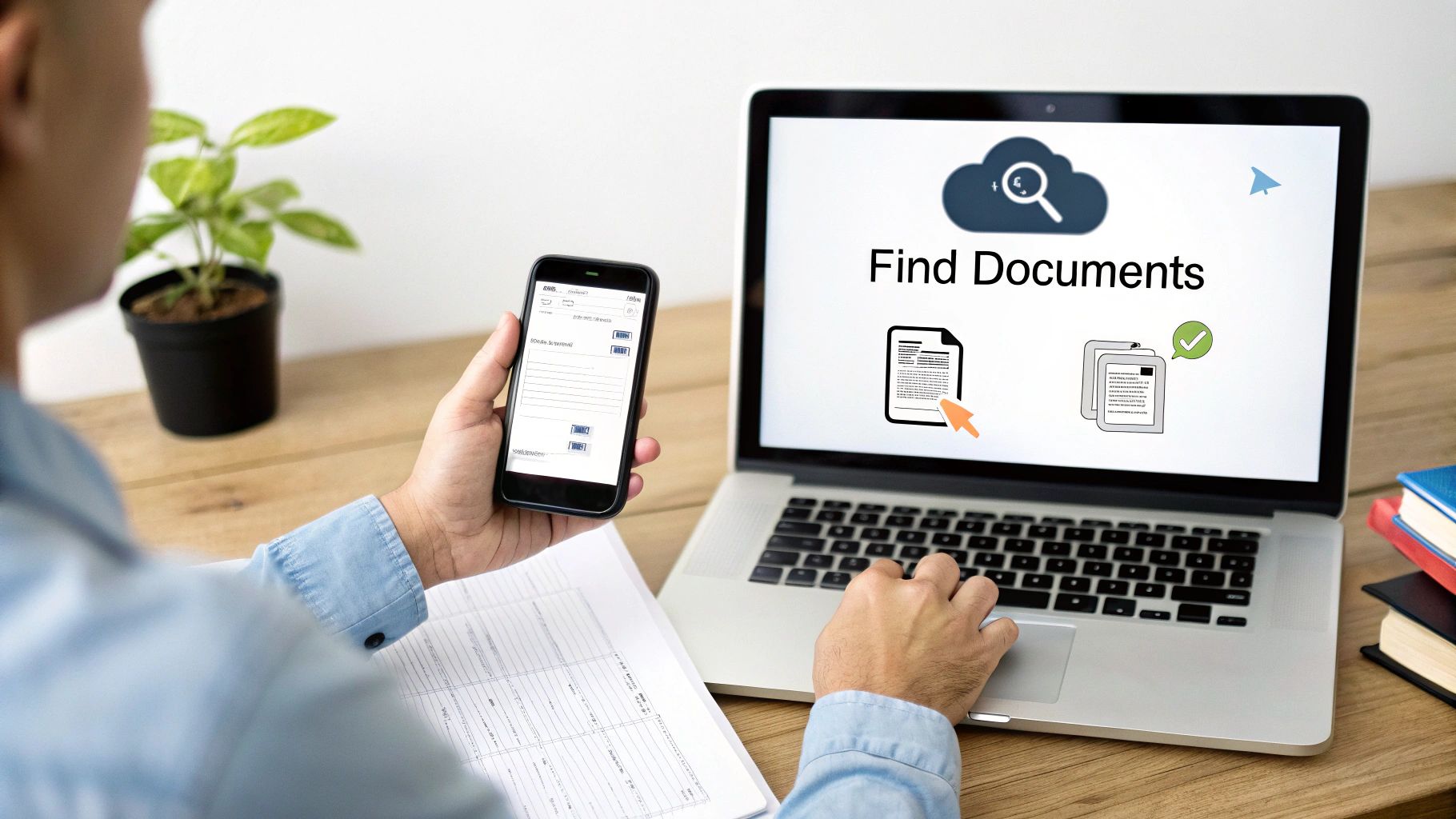 A person uses a laptop and smartphone to find and manage digital documents.