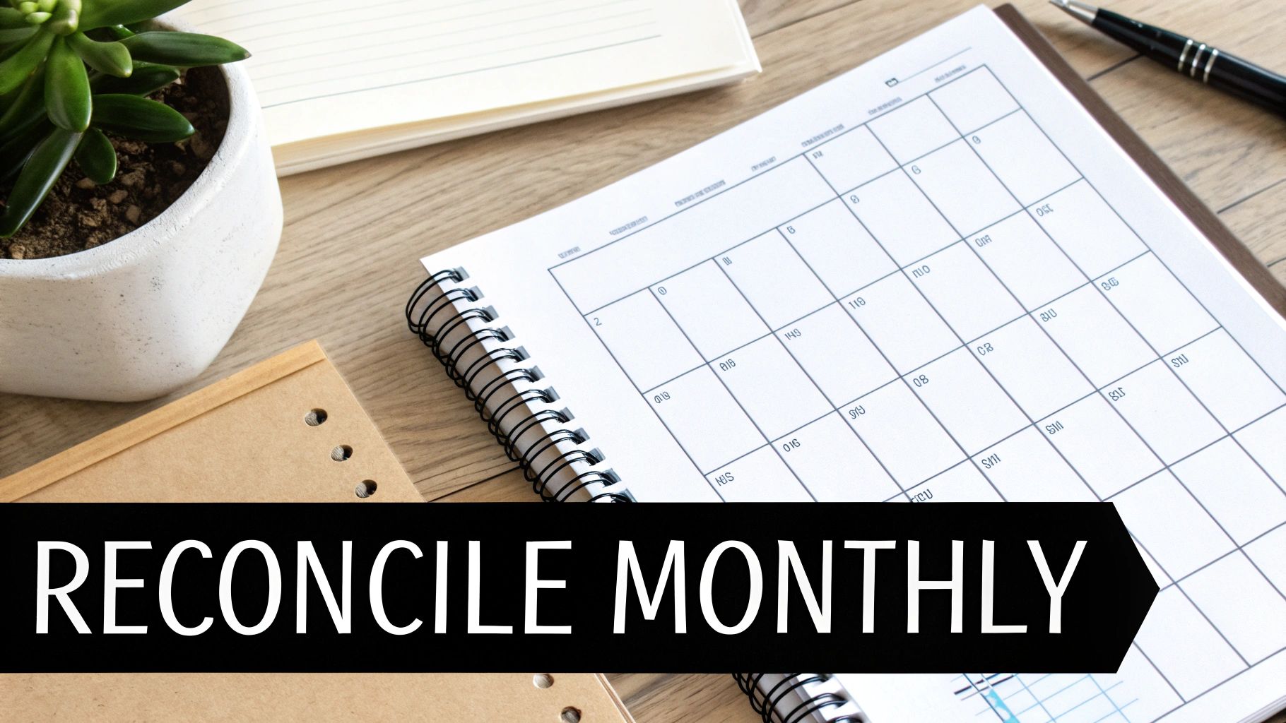 A desk with a calendar, pen, plant, and a banner reading 'RECONCILE MONTHLY', highlighting financial organization.