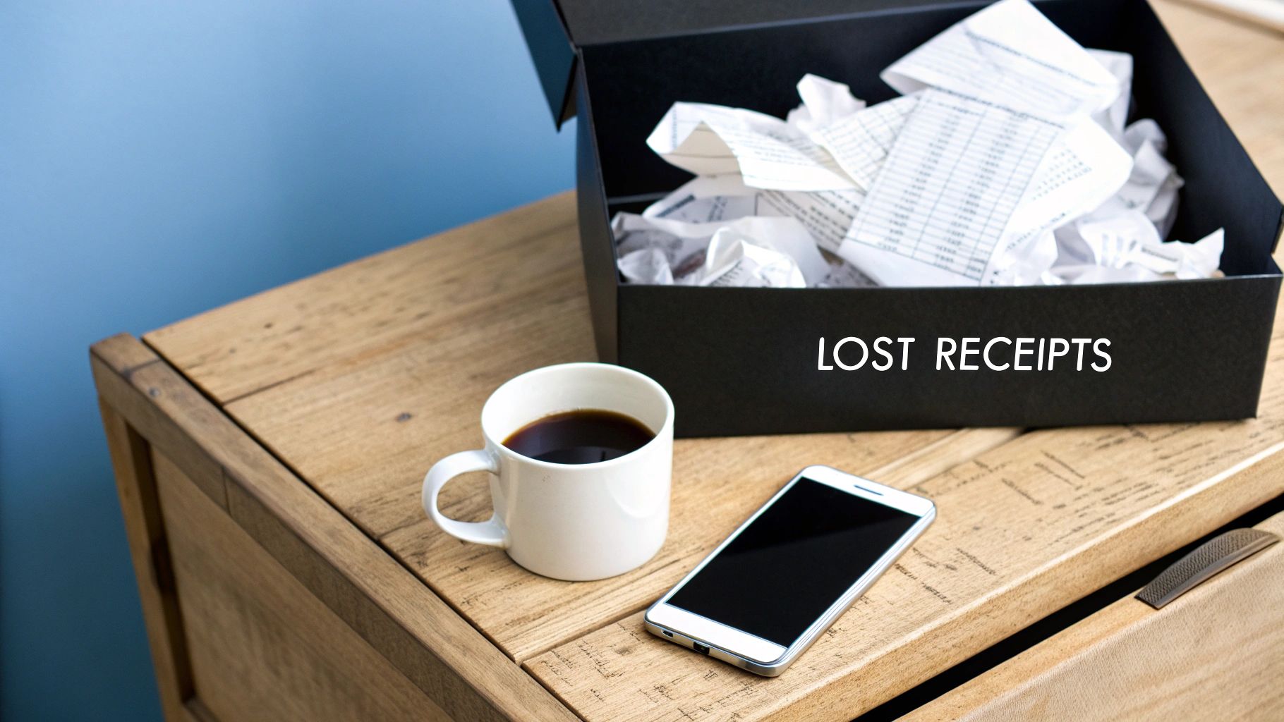 A black box labeled 'LOST RECEIPTS' filled with crumpled papers, a coffee mug, and a smartphone on a wooden table.