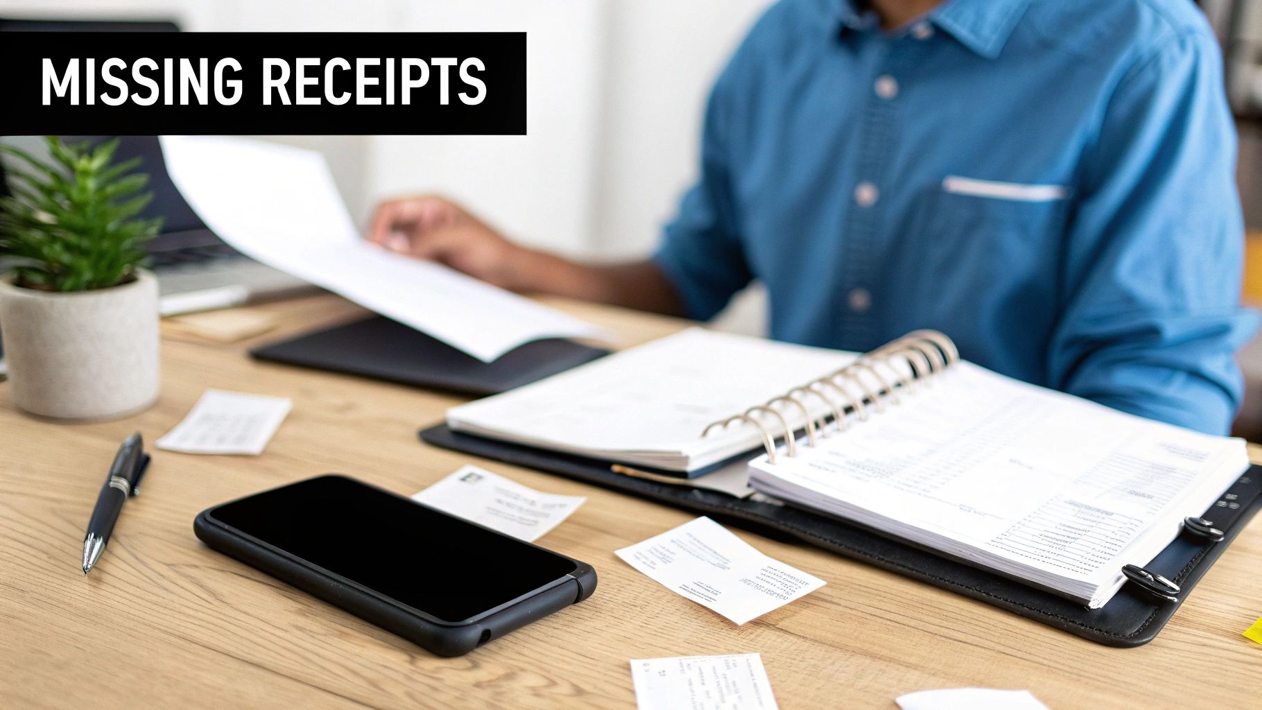 A person reviews documents and scattered receipts on a desk, with a 'MISSING RECEIPTS' banner.