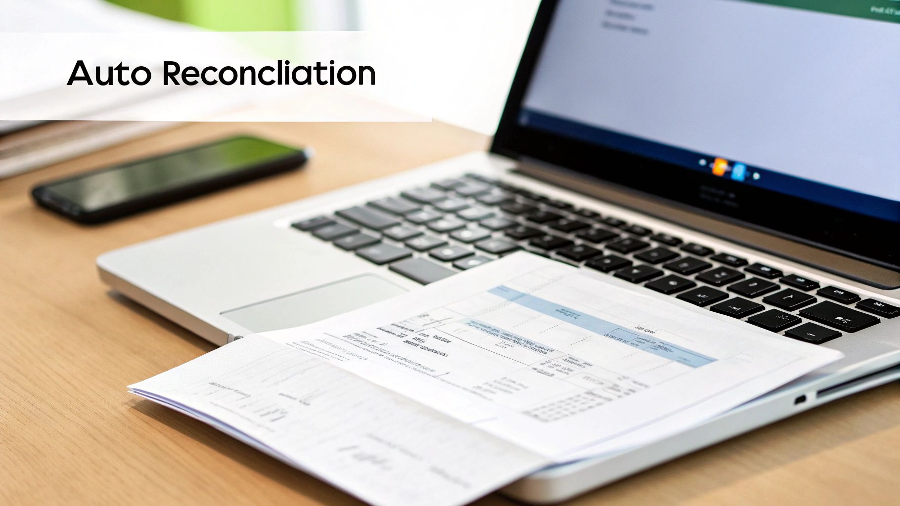 Laptop, smartphone, and financial documents on a wooden desk, displaying 'Auto Reconciliation' text.