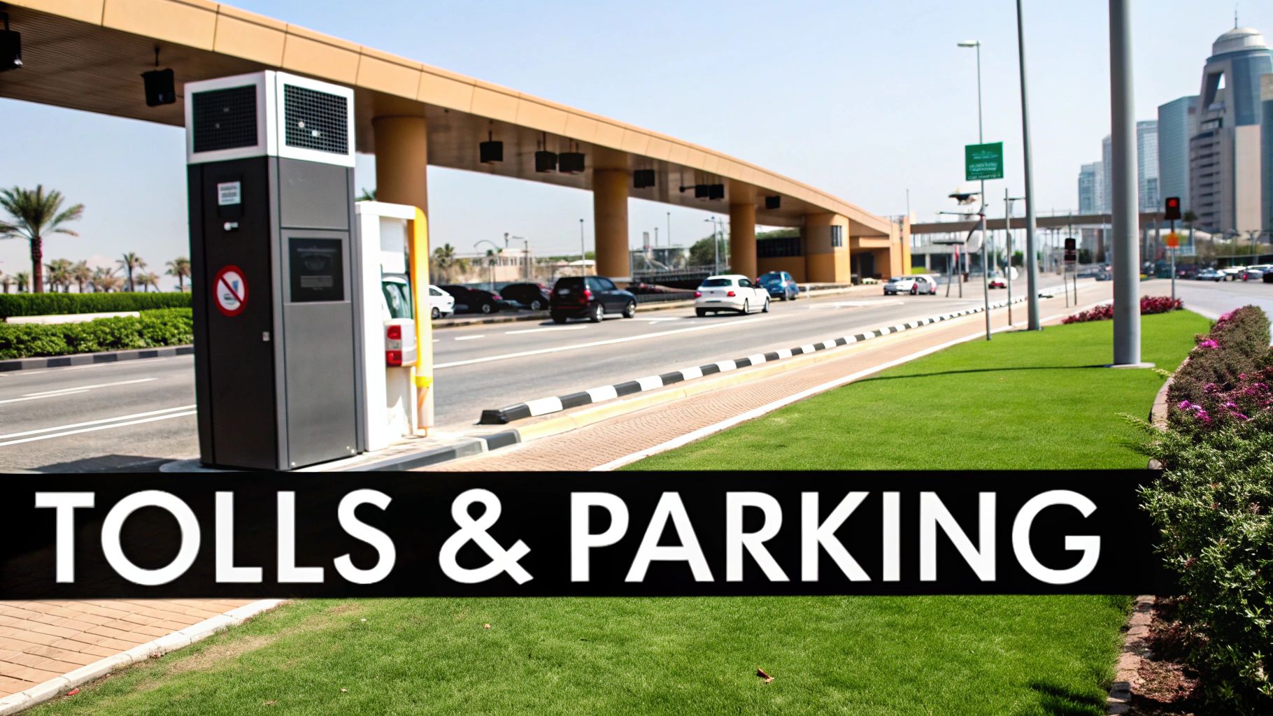 Dubai Road Map A Guide to Driving and Navigating 2 A multi-lane road with a toll gate structure overhead, cars driving, and a 'Tolls & Parking' sign.