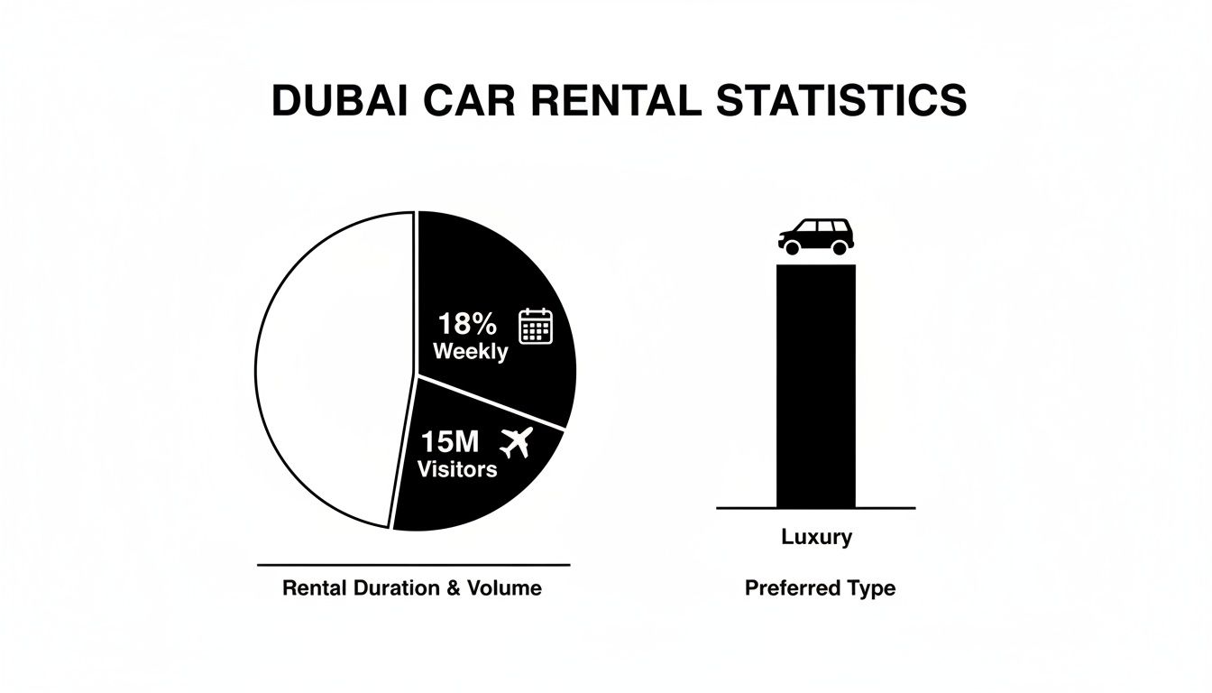 Dubai car rental statistics showing 18% weekly rentals, 15 million visitors, and luxury car preference.