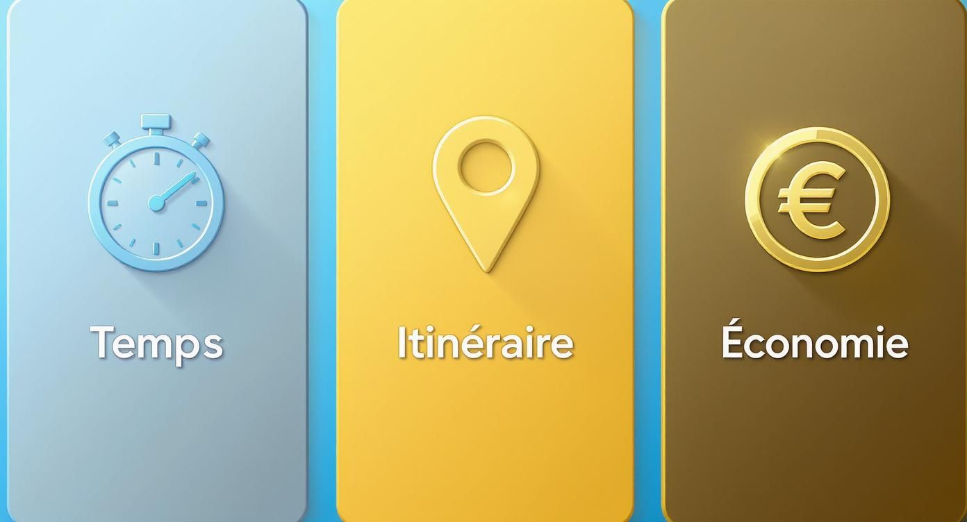 Trois panneaux illustrant le temps avec chronomètre, l'itinéraire avec marqueur de localisation, et l'économie avec pièce euro