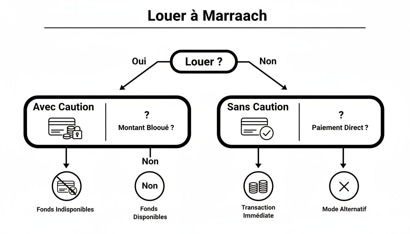 Diagramme de flux pour la location à Marrakech, détaillant les options avec ou sans caution.