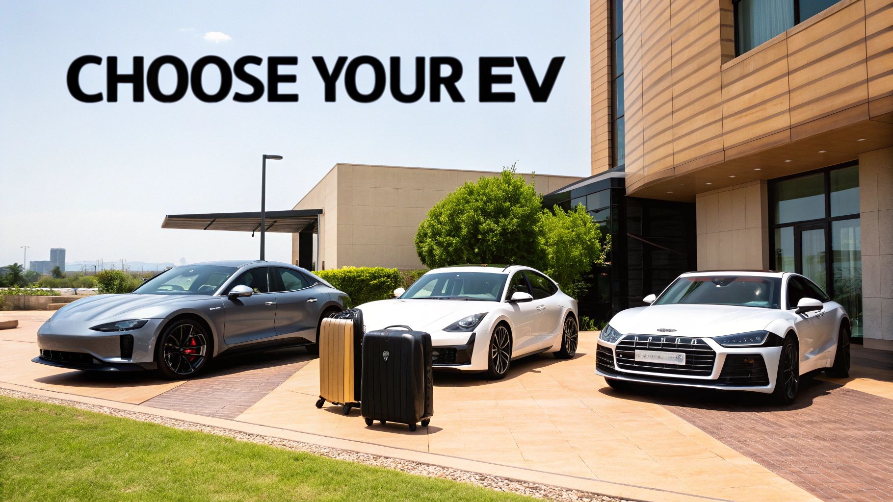 Three luxury electric vehicles parked outside a modern building with suitcases and 'CHOOSE YOUR EV' text.