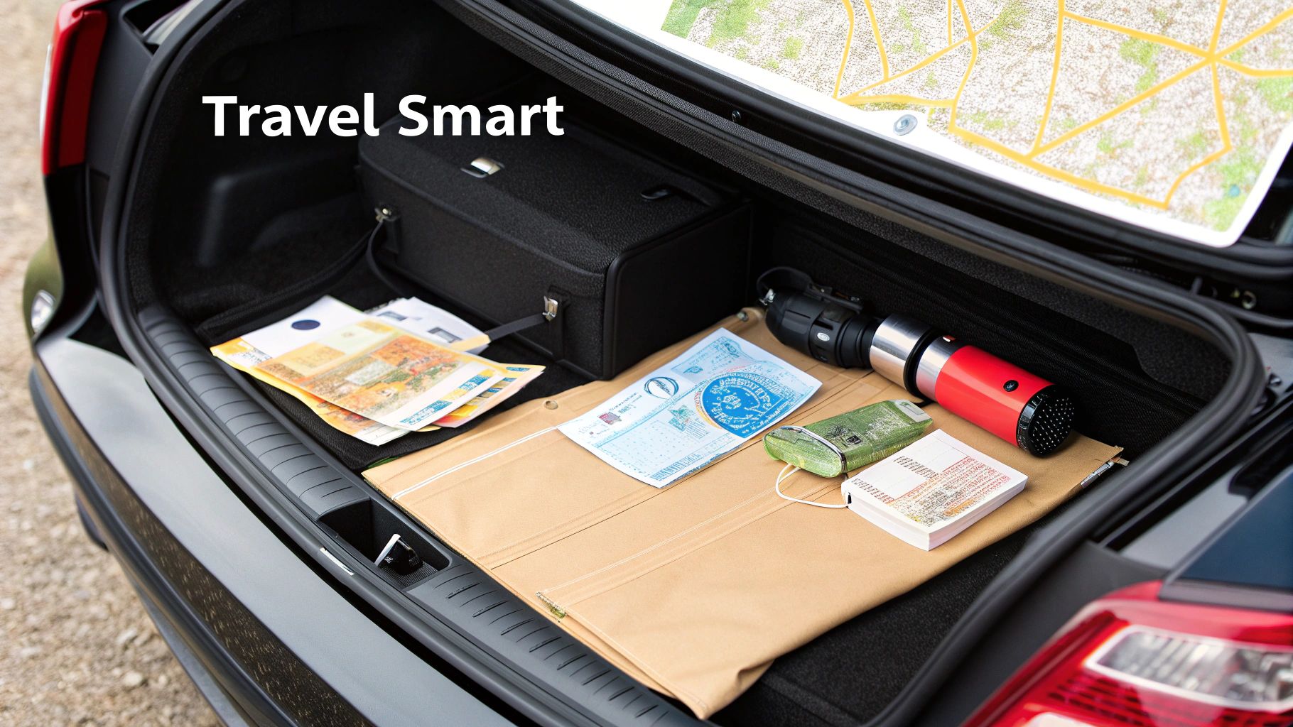 A car driving on a scenic road in Oman with mountains in the background.