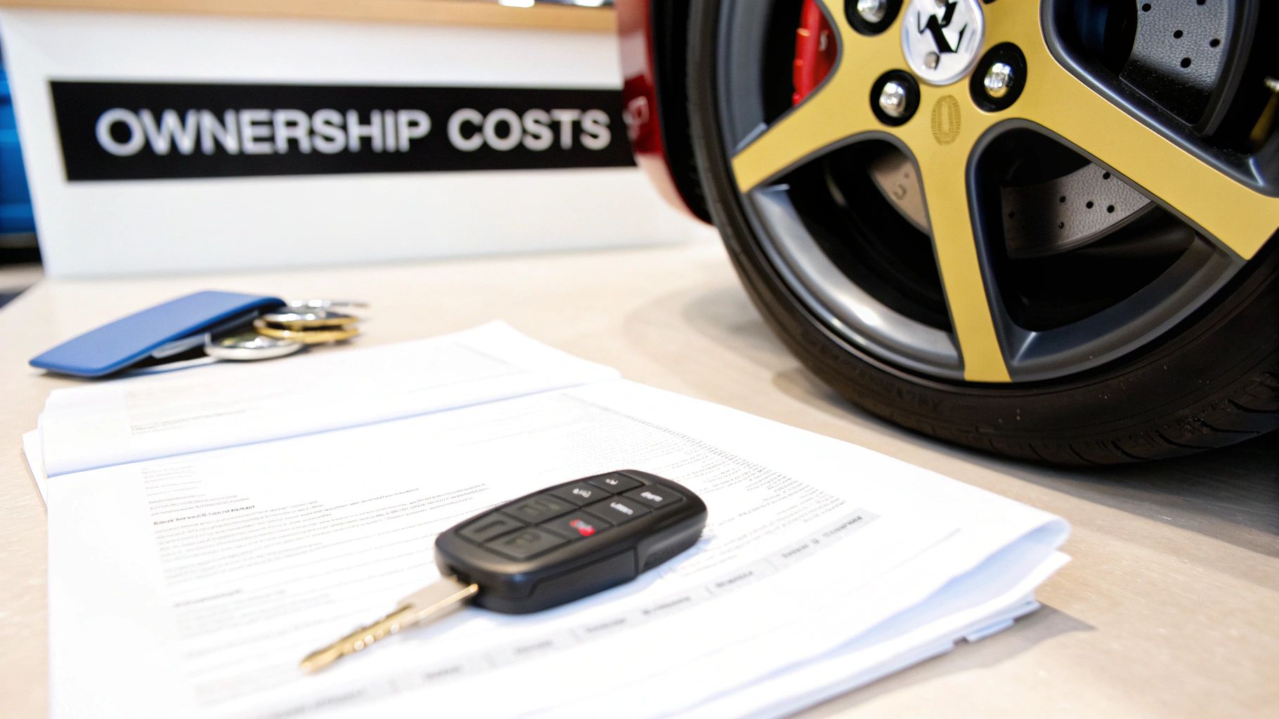 Car key on documents next to coins, with a luxury car wheel and 'Ownership Costs' sign.