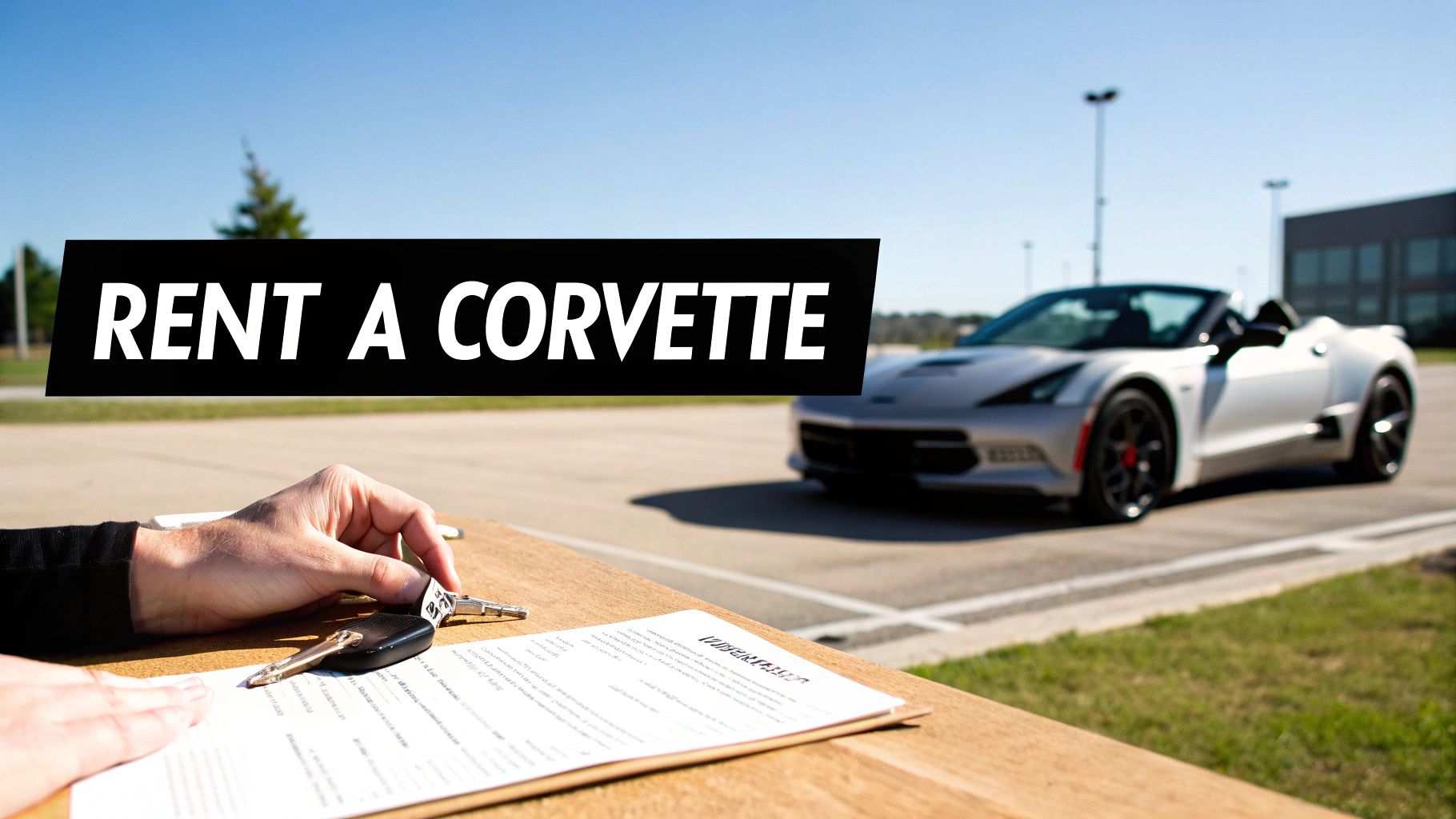 Corvette Price In Dubai A Complete Buying And Renting Guide 4 Close-up of hands, car keys, and a document on a table, with a white Corvette and "RENT A CORVETTE" text in the background.