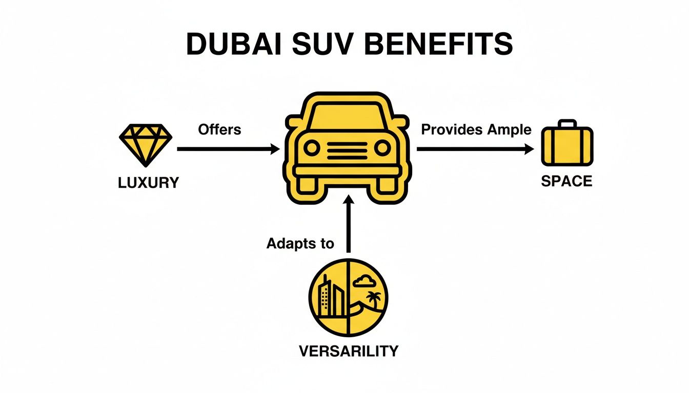 Infographic detailing the benefits of Dubai SUVs, including luxury, ample space, and versatility.