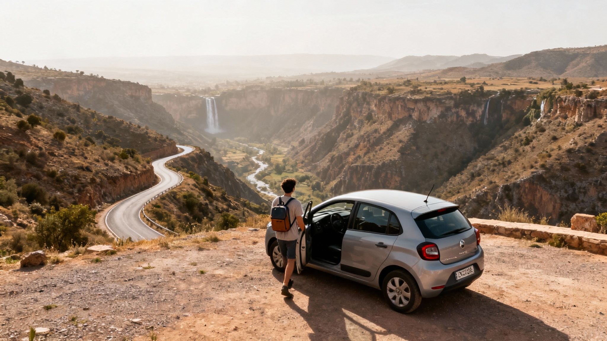 Un homme avec un sac à dos admire un paysage montagneux avec une route sinueuse, une rivière et des cascades, près de sa voiture.