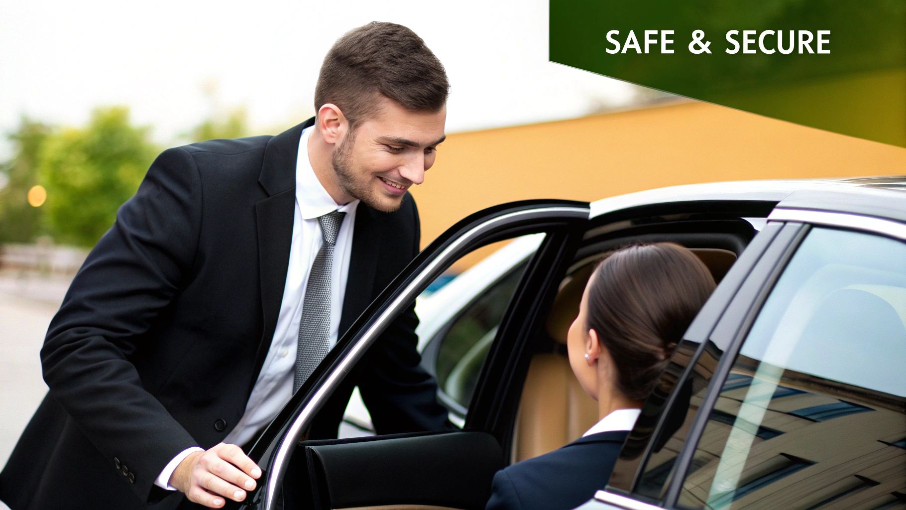 A traveller reviewing booking details on a smartphone with a luxury car in the background