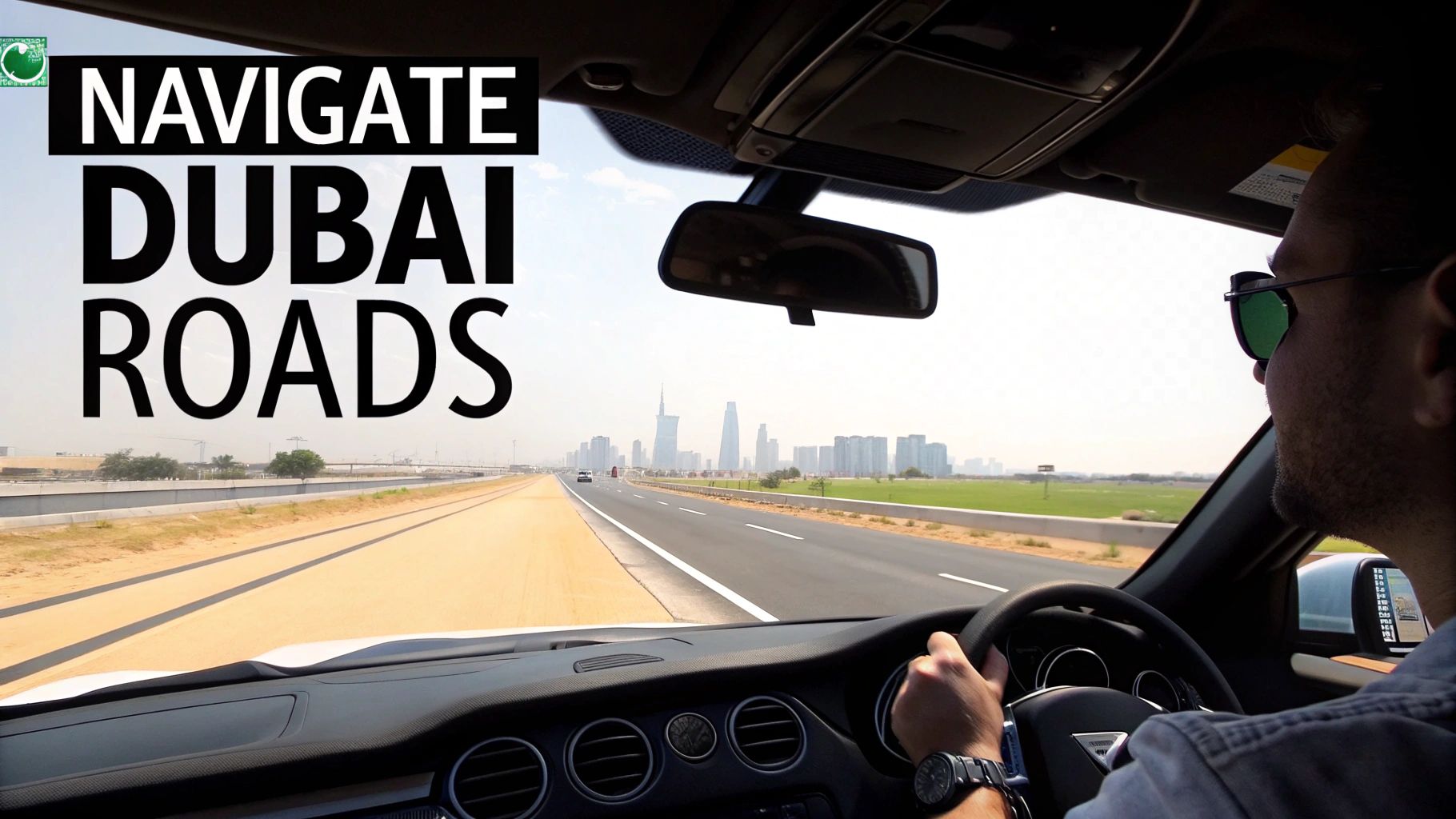 Mustang rent a car dubai: Expert guide to thrilling UAE road trips 3 View from inside a white car driving on a Dubai highway towards a city skyline.