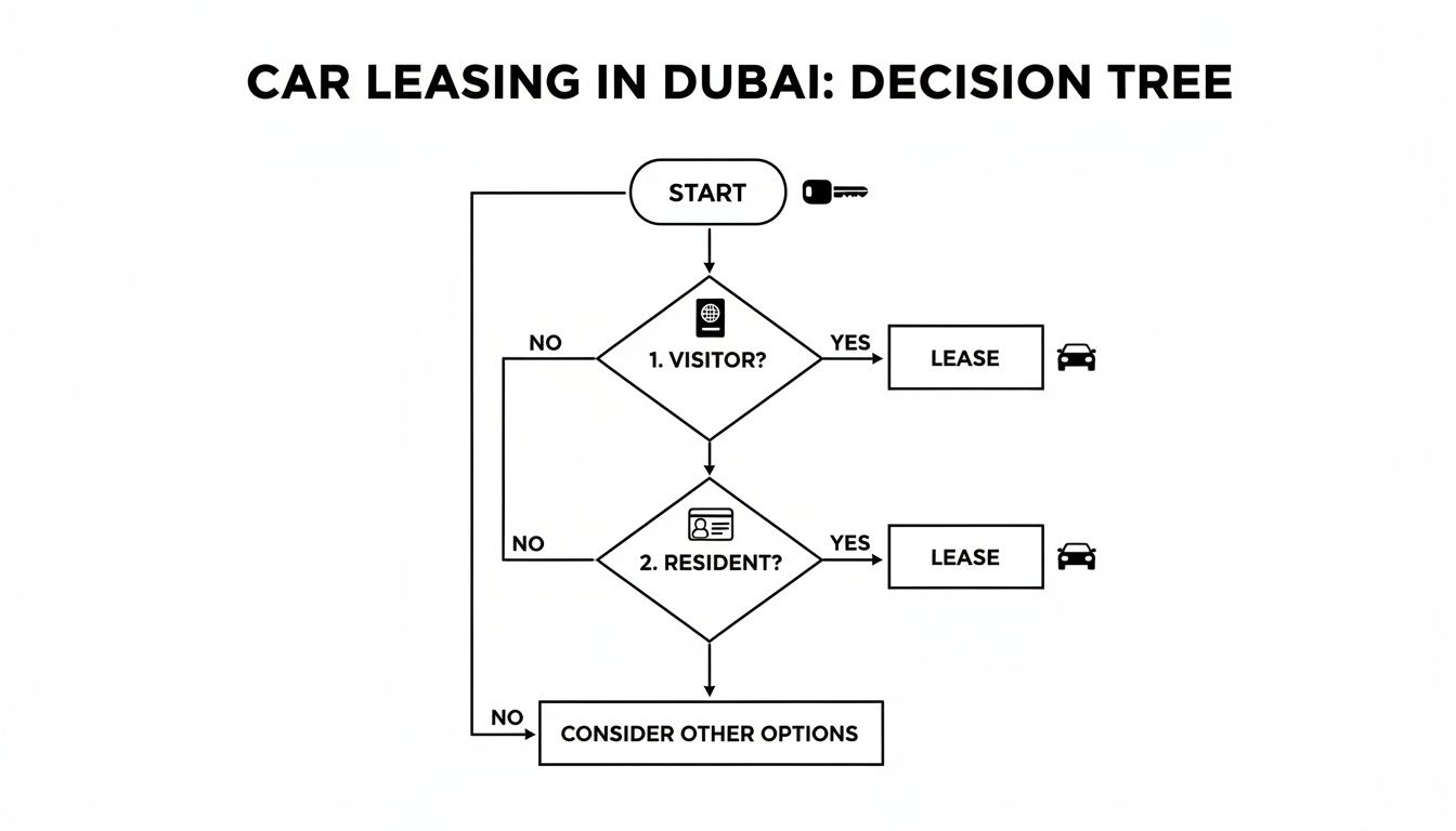 Decision tree flowchart for car leasing in Dubai, guiding users based on visitor or resident status.