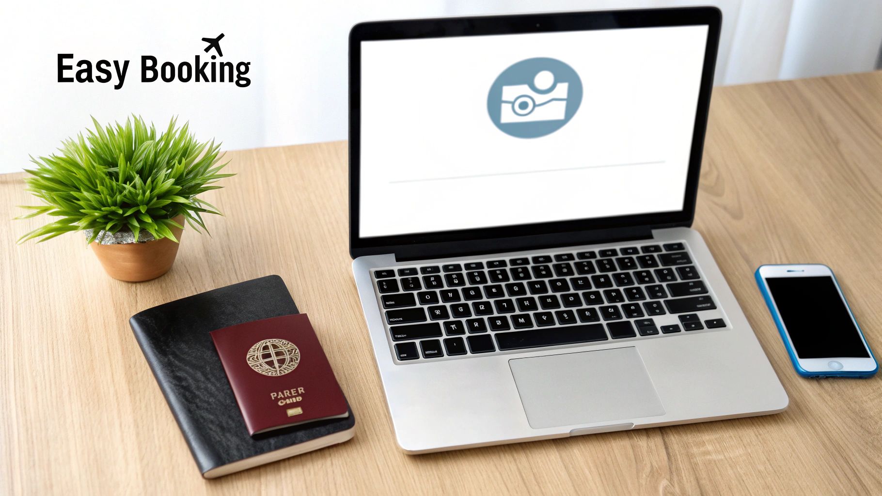 Your Ultimate Guide to a Range Rover Rental in Dubai 2 A laptop, smartphone, passport, and plant on a wooden desk, symbolizing easy travel booking.