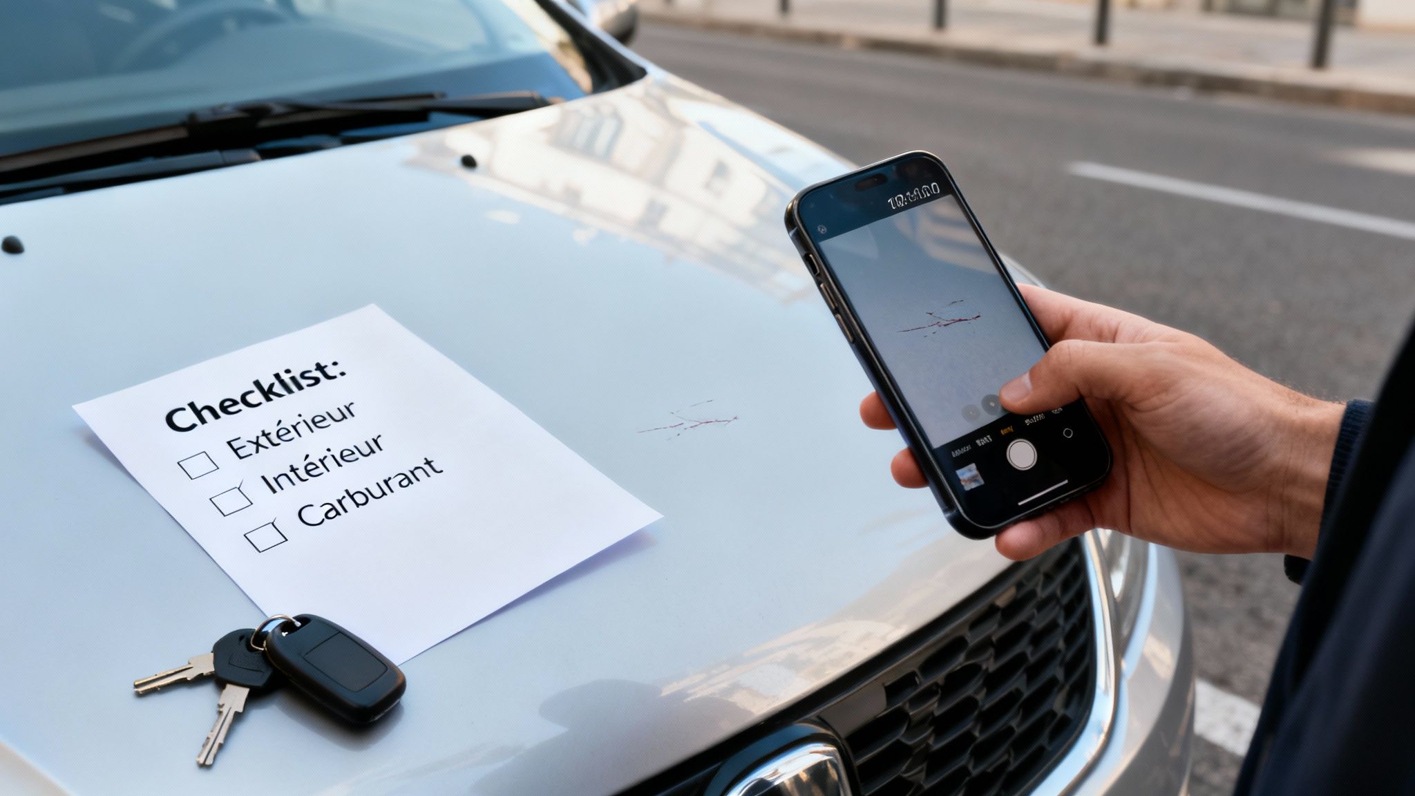 Un homme prend une photo des rayures sur le capot d'une voiture avec son smartphone, près d'une checklist et des clés.