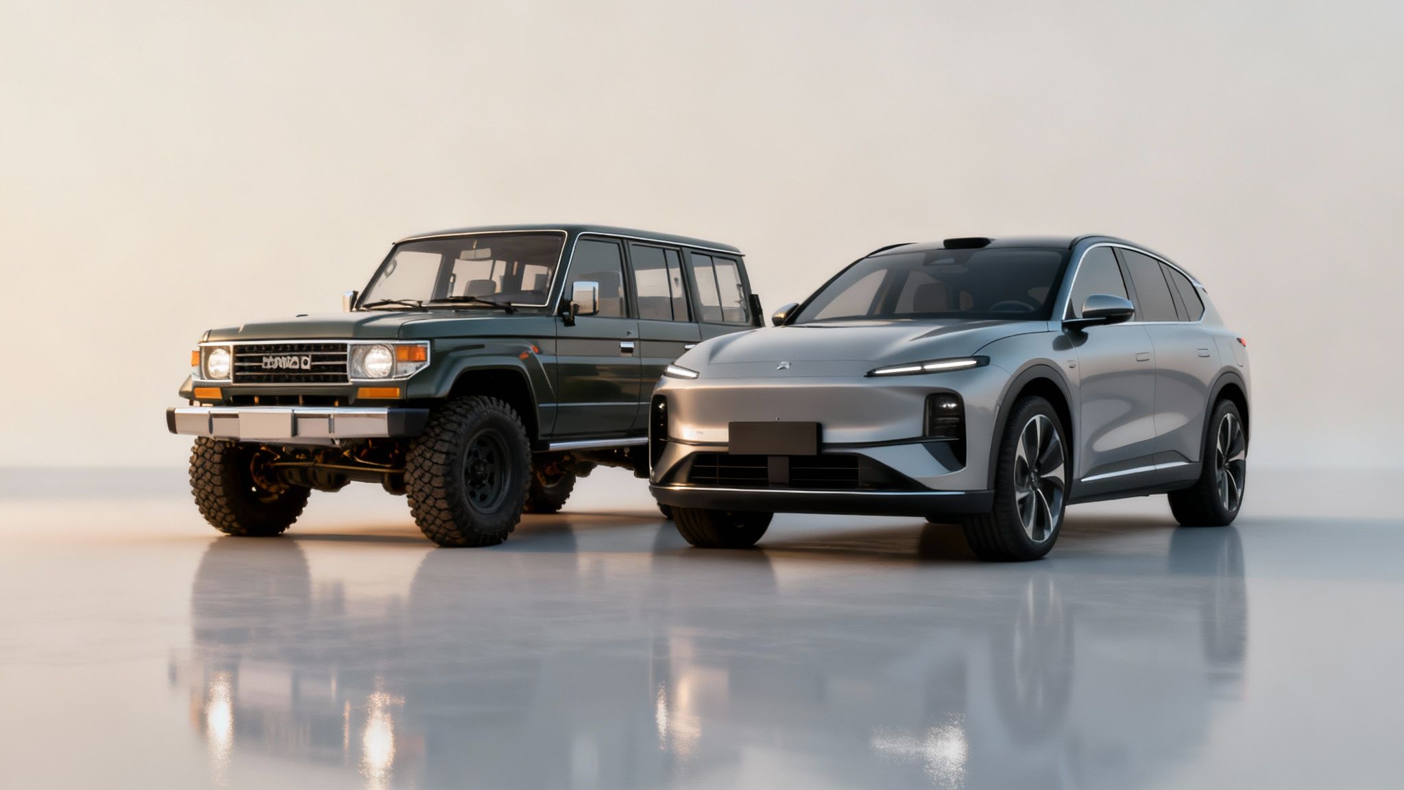 Deux véhicules, un 4x4 ancien vert et un SUV moderne argenté, côte à côte, reflétés sur une surface claire.