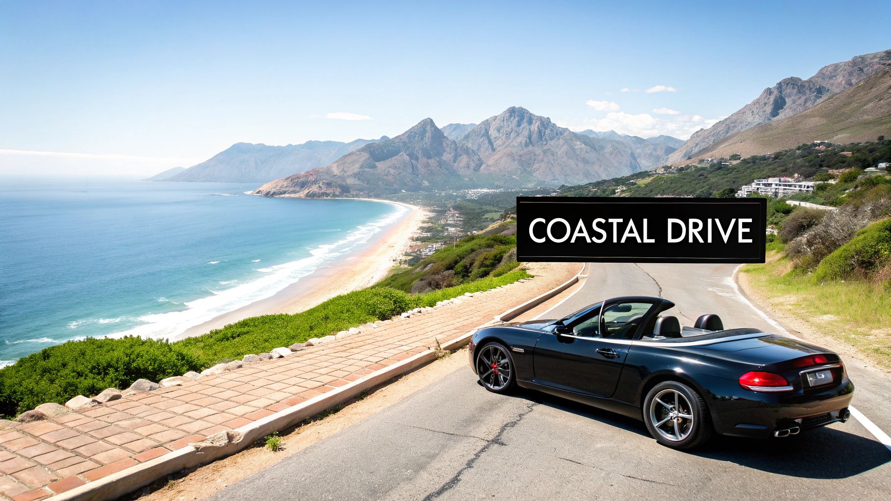 Discover the Top 10 Best Road Trips in UAE for 2026 2 A black convertible car on a scenic coastal road overlooking a sandy beach and blue ocean with mountains.