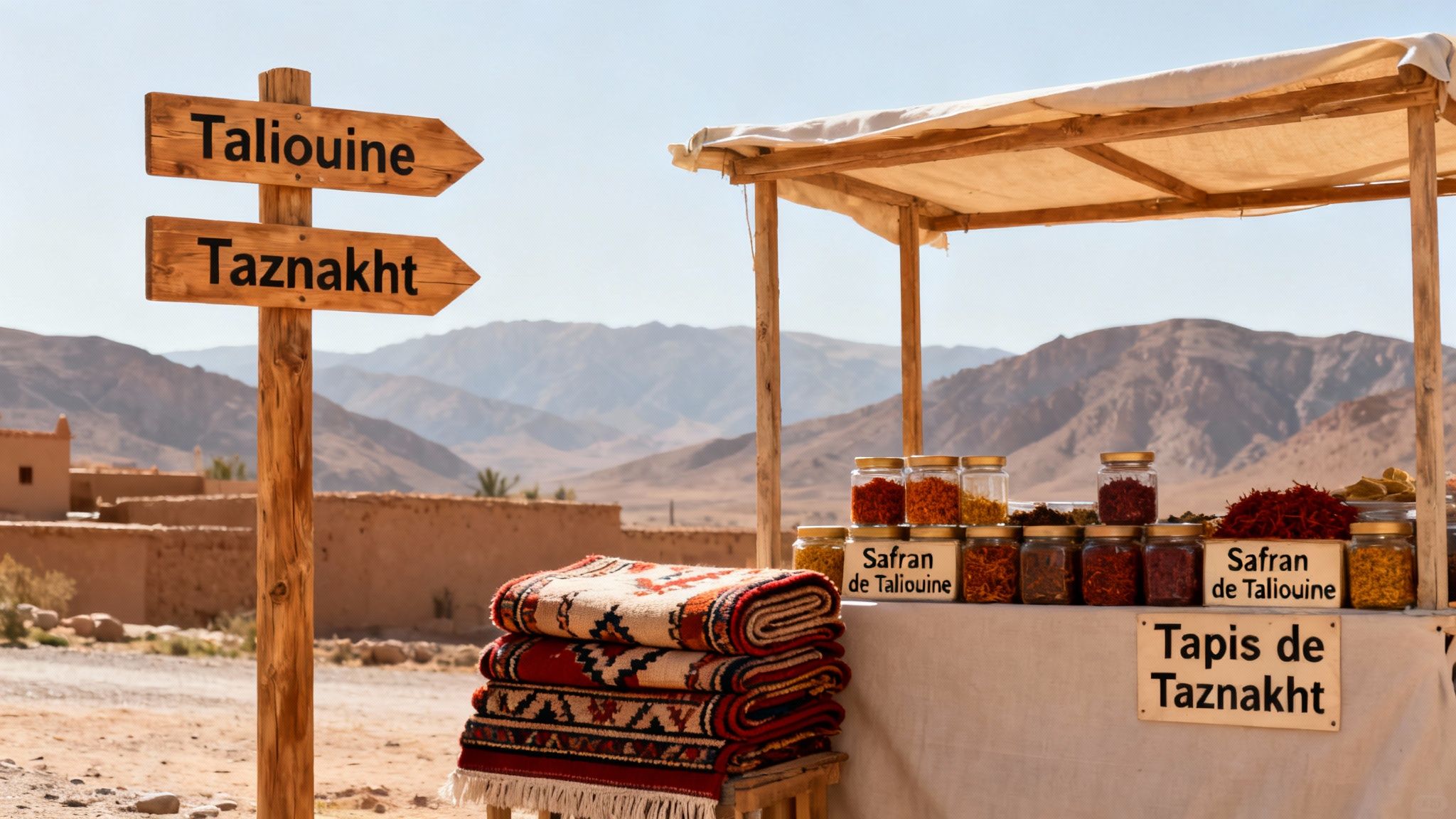 Un marché désertique proposant du safran de Taliouine et des tapis de Taznakht, avec un panneau indicateur.