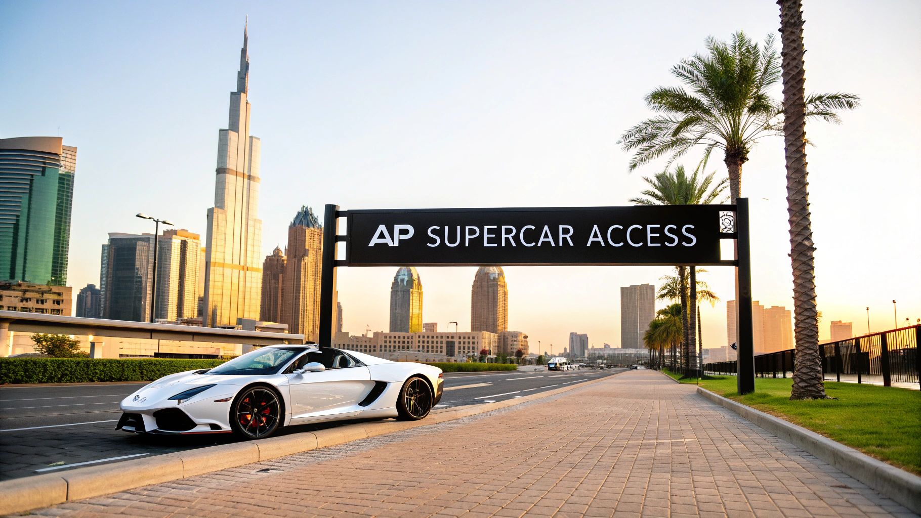 Dubai's Elite Drive: ap supercar rental for the Ultimate Experience 1 A sleek white supercar parked on a Dubai road, with the Burj Khalifa and 'AP Supercar Access' sign.