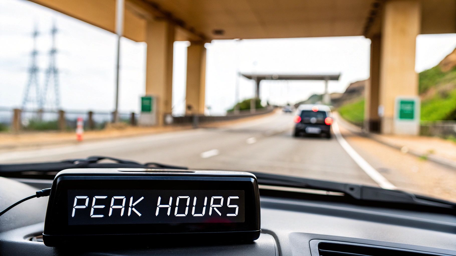 A digital clock on a car dashboard displays 'PEAK HOURS' while driving on a highway.