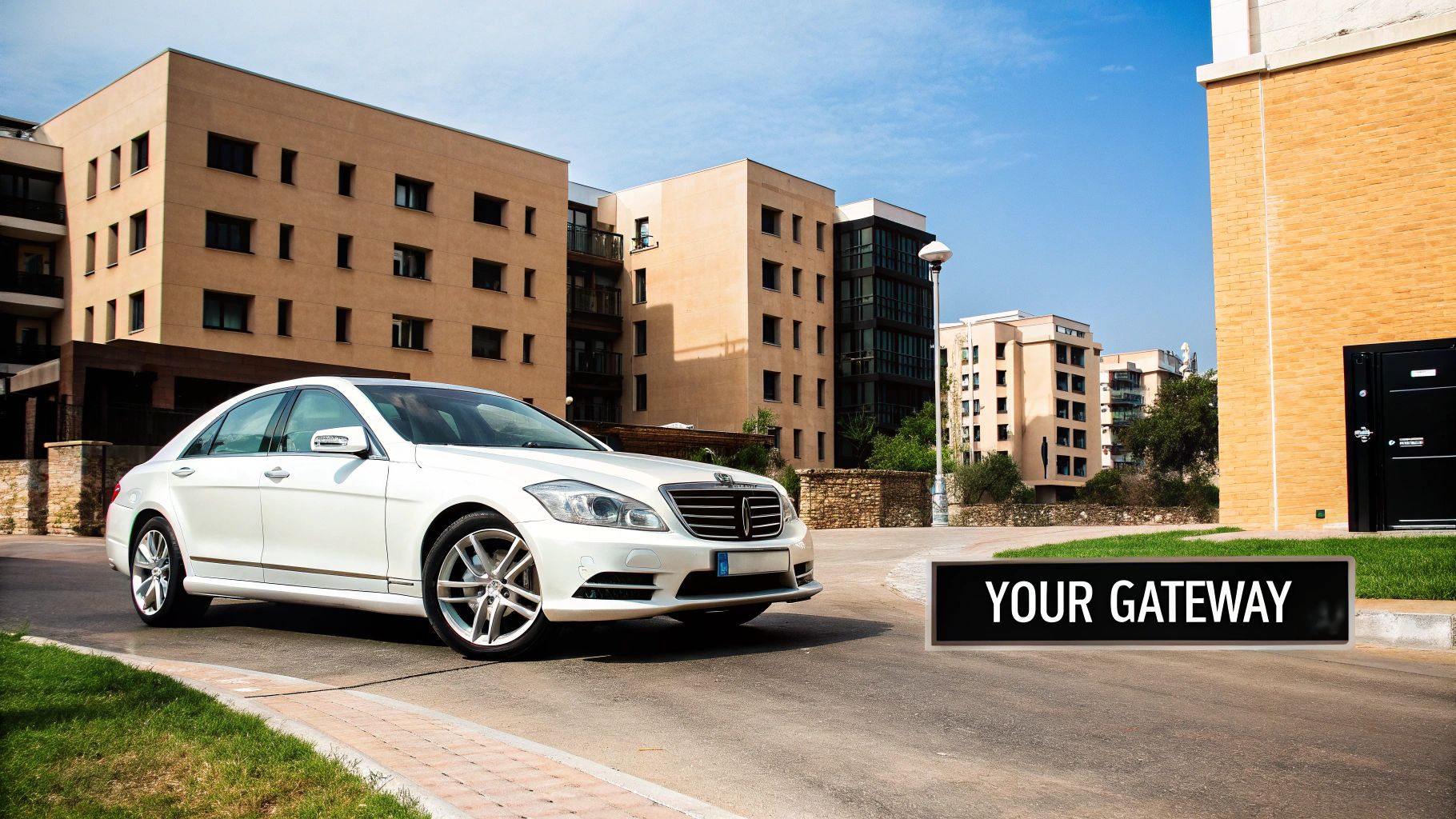 White luxury car parked on a road with modern buildings and a 'YOUR GATEWAY' sign under a clear sky.