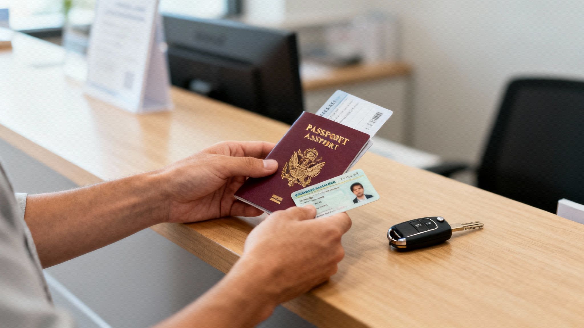 Mains d'une personne tenant un passeport, une carte d'identité et un billet d'avion près de clés de voiture.