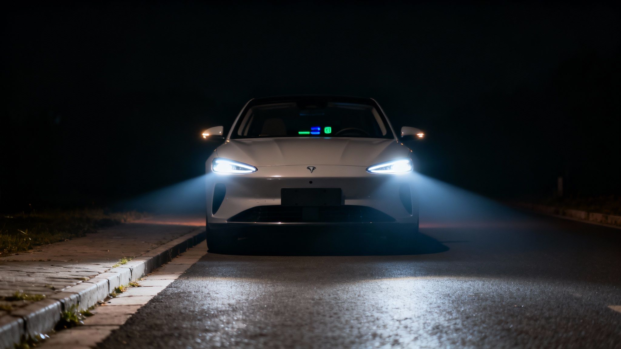 Une voiture blanche moderne, phares allumés, garée de nuit sur le bord d'une route sombre.
