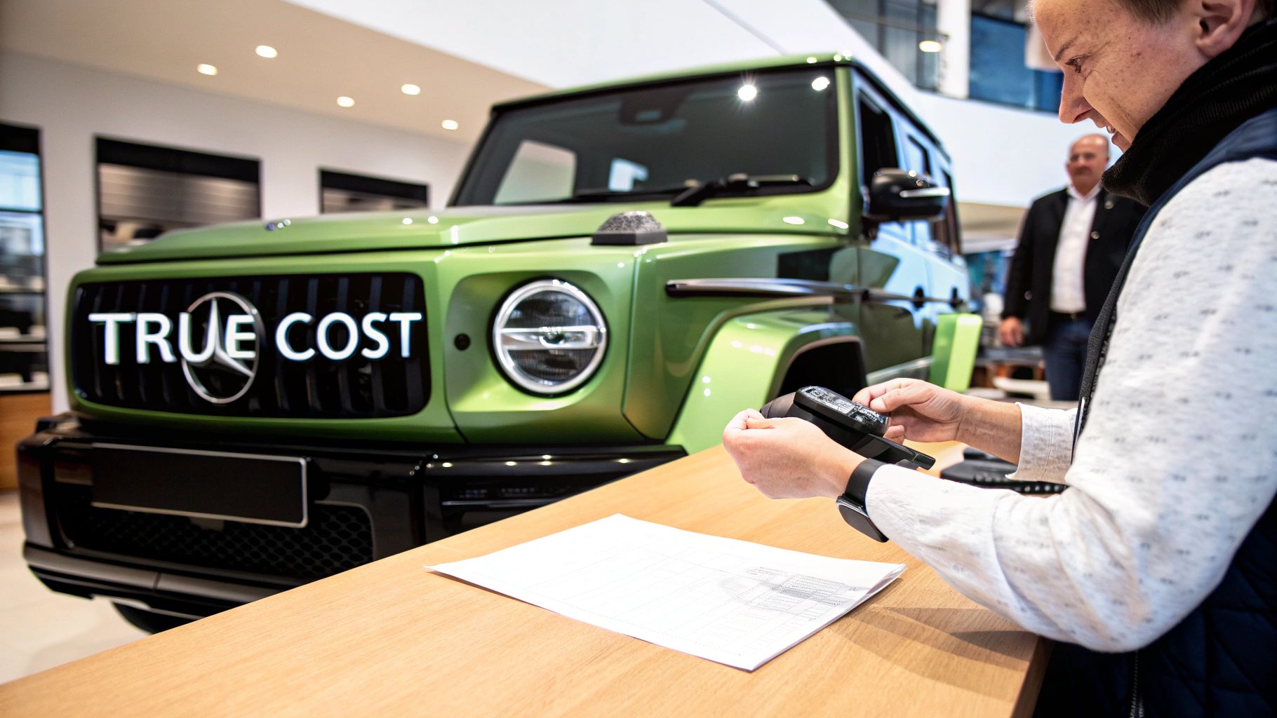 Man uses a card reader in a car dealership, a green Mercedes G-Class with 'TRUE COST' visible.