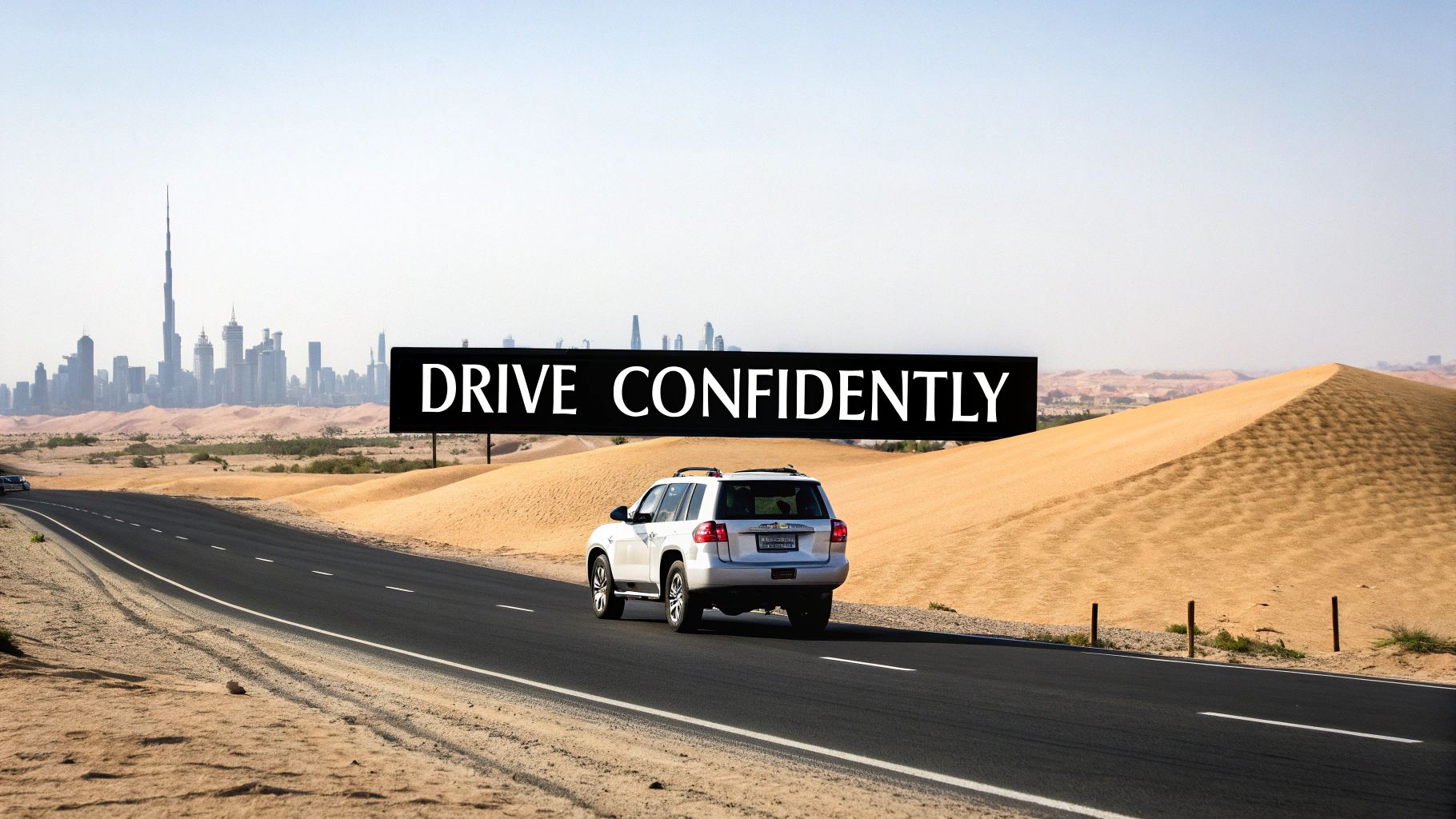 Best Deals for suv cars rental in dubai - Book Easy 3 White SUV driving on a desert road towards the Dubai skyline, with 'DRIVE CONFIDENTLY' text.
