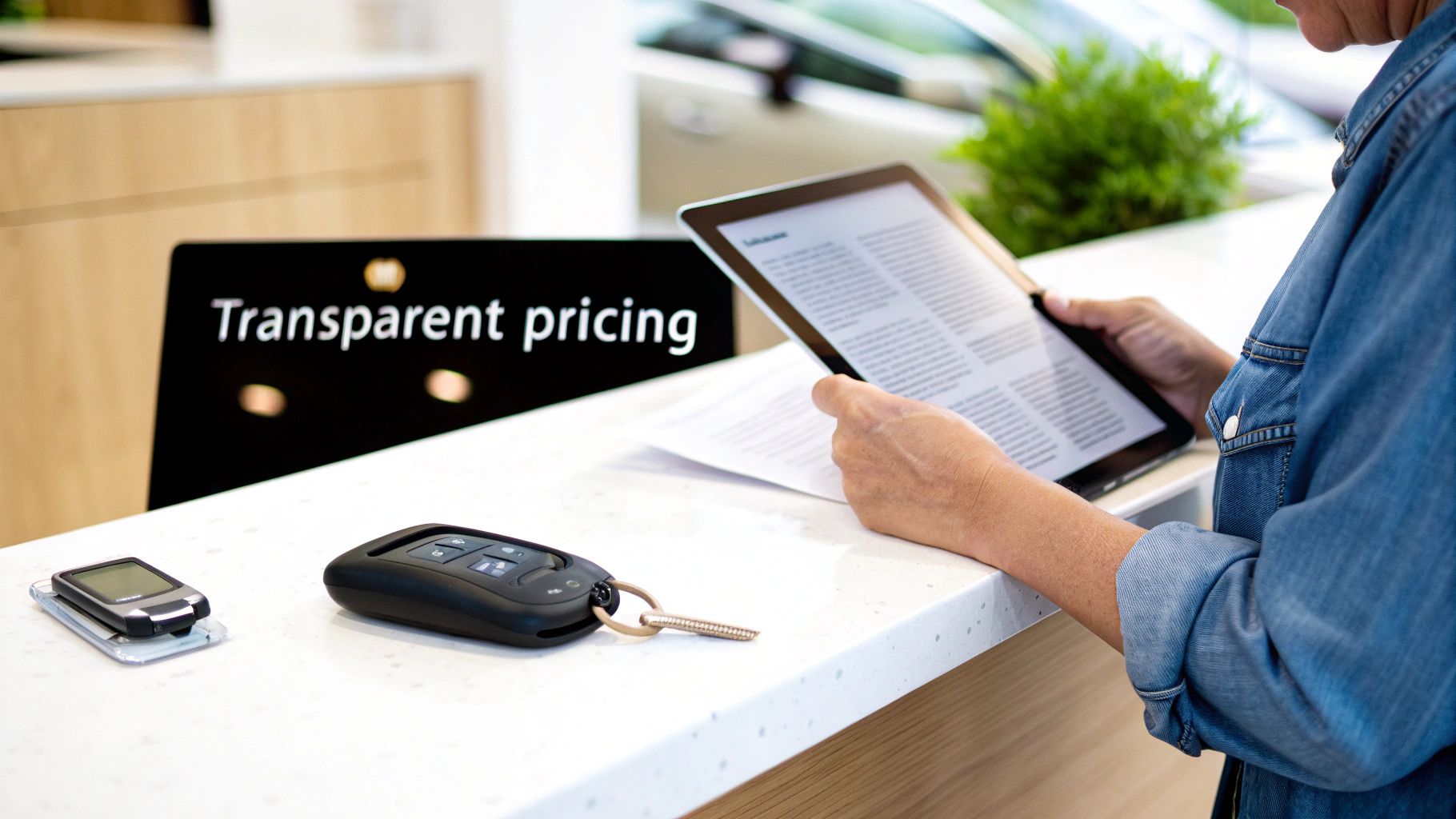 Best Deals for suv cars rental in dubai - Book Easy 2 Person reading documents on a tablet with a car key on a counter, next to a "Transparent pricing" sign.