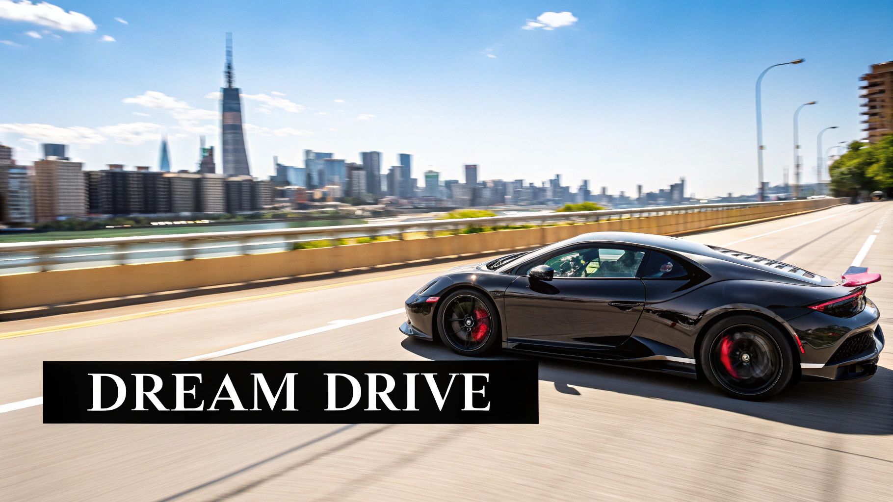 A sleek sports car driving through the streets of Dubai at night, with the illuminated cityscape in the background.