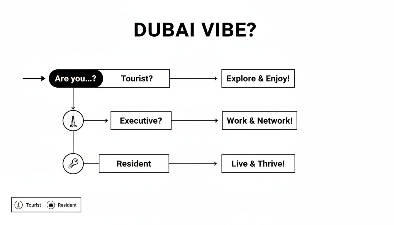 Flowchart detailing Dubai experiences for tourists, executives, and residents, suggesting activities like explore, work, and live.