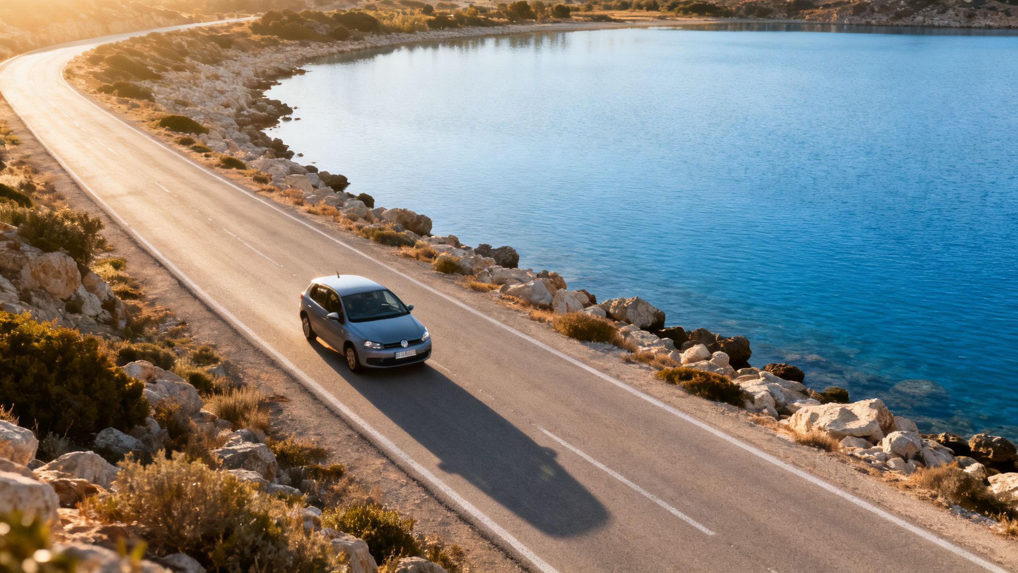 Une voiture grise roule sur une route côtière ensoleillée le long d'une mer bleue calme au coucher du soleil.
