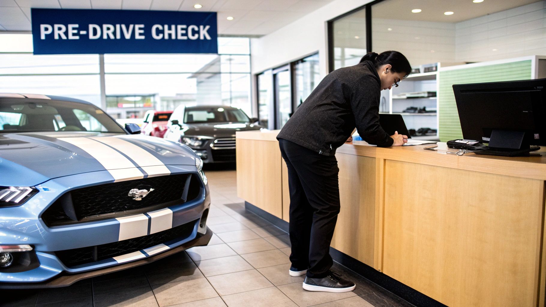 A person inspecting a rental car before driving